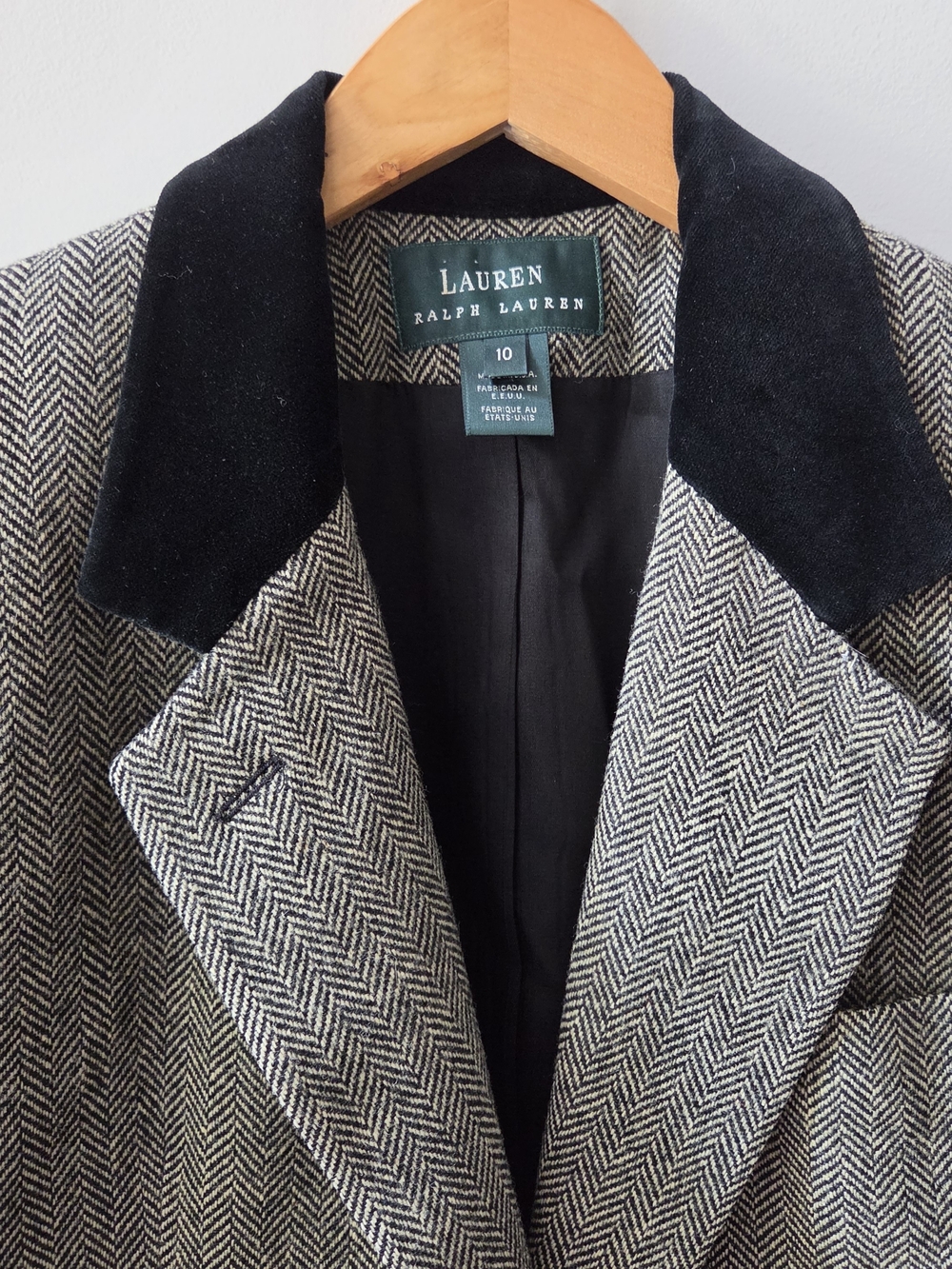 Lauren Ralph Lauren Wool Herringbone Blazer Black Velvet Collar Women's Size 10 - Picture 2 of 9